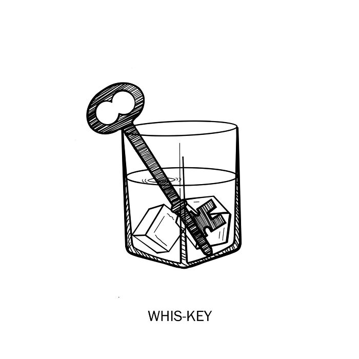 Illustration of clever drawing wordplay featuring a key inside a whiskey glass, blending humor and visual pun.