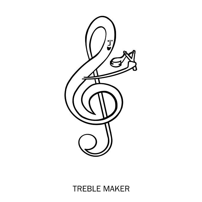 Clever drawing of a treble clef character using a slingshot, showcasing creative wordplay art.
