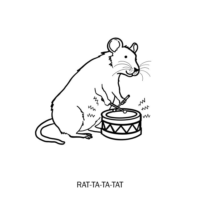 Clever drawing of a rat playing a drum illustrating wordplay in a minimalist black and white style.