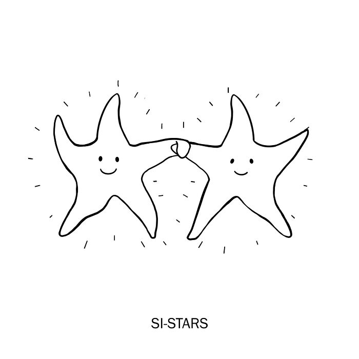 Two cartoon starfish holding fins and smiling, a clever drawing that brings wordplay to life with the theme of stars.
