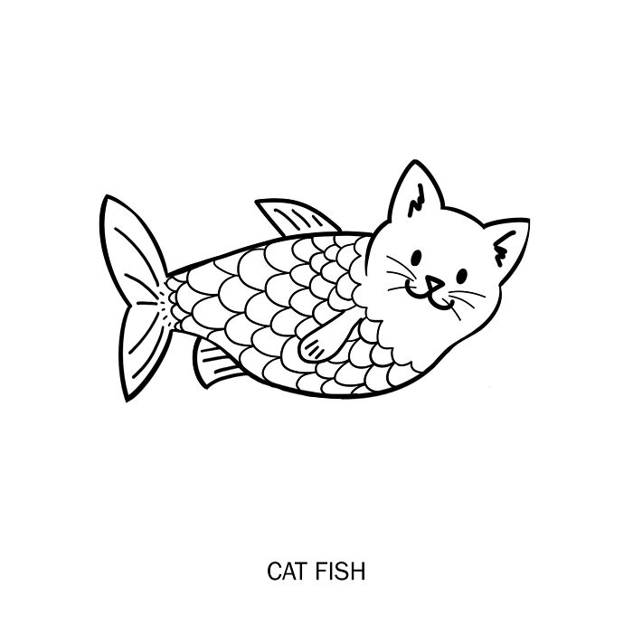 Black and white clever drawing of a cat fish combining cat features and fish scales in a wordplay illustration.