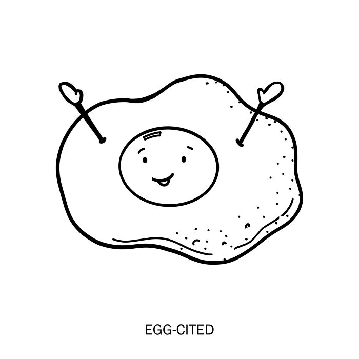 A clever drawing of a happy fried egg with arms raised, illustrating wordplay and creative visual puns.