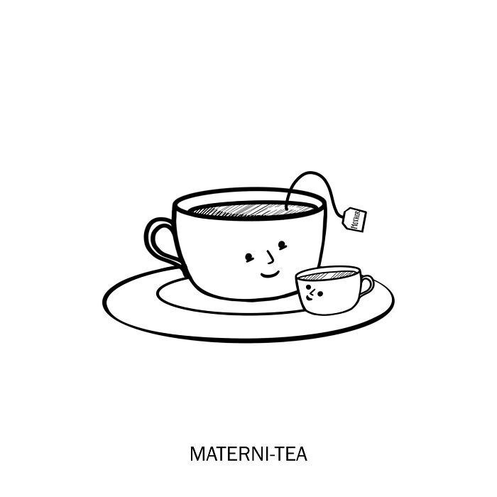 Clever drawing showing wordplay with a large tea cup labeled materni-tea and a small cup on a saucer.