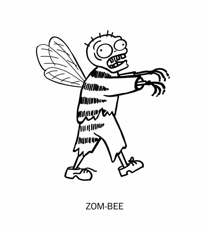 Black and white clever drawing of a bee zombie walking with arms outstretched, illustrating wordplay art.
