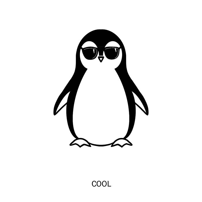 Minimalist clever drawing of a cool penguin wearing sunglasses, illustrating wordplay and creative illustration.