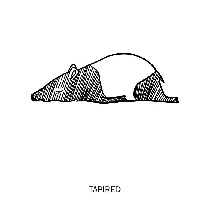 Minimalist black and white clever drawing of a tired tapir, showcasing wordplay in creative illustrations.