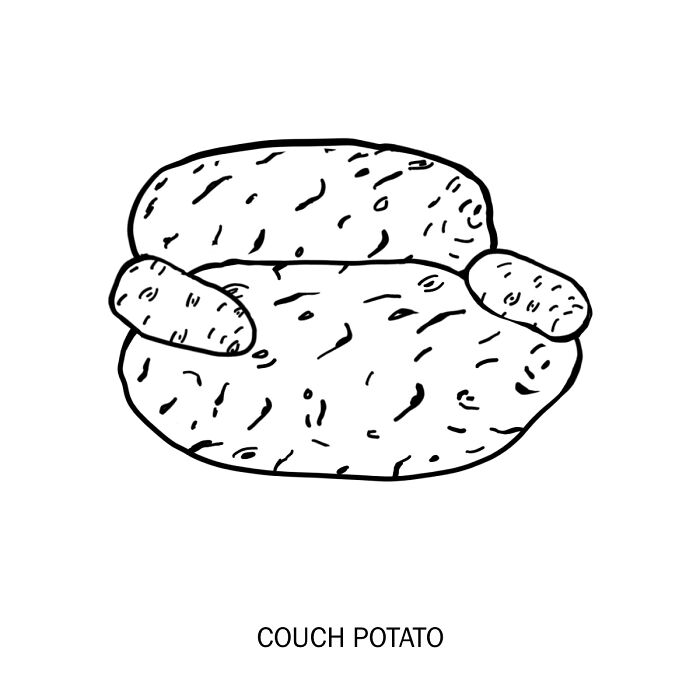 Illustration of a couch made from potatoes, showcasing clever drawings that bring wordplay to life with humor.