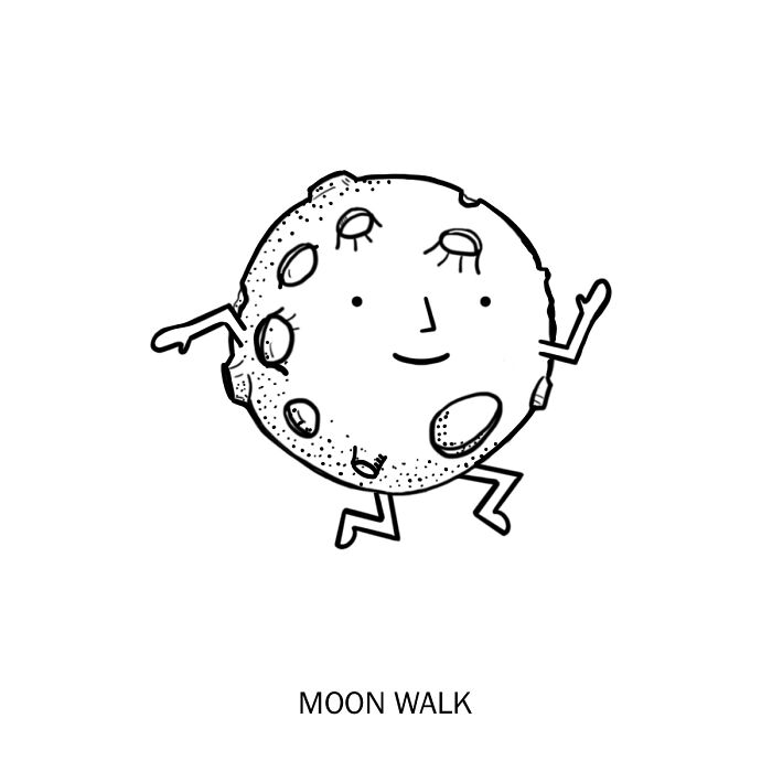 Illustration of a moon with a face and limbs, humorously depicting the wordplay concept of a moon walk.