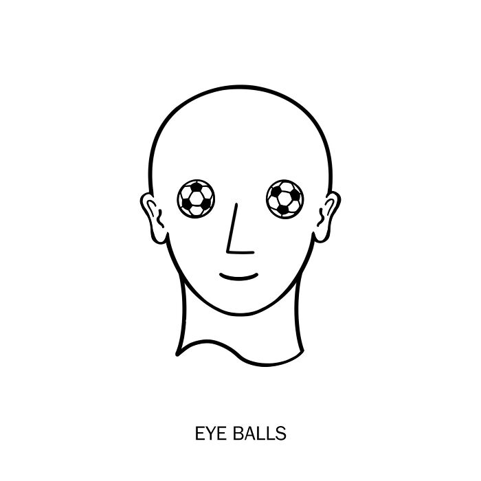 Minimalist clever drawing of a face with soccer balls as eyes, illustrating wordplay creativity and clever drawings concept.
