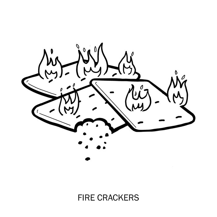 Black and white drawing of crackers with flames on them representing fire crackers in clever wordplay illustration.
