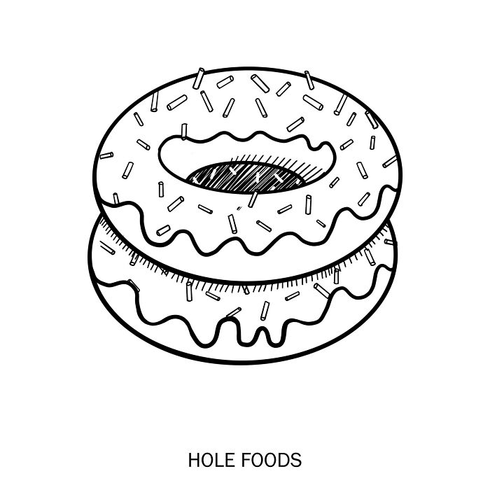 Black and white clever drawing of two sprinkled donuts stacked, illustrating wordplay with hole foods concept.