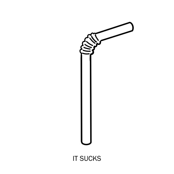Simple black and white clever drawing of a bent straw with the caption it s***s, showcasing wordplay art.