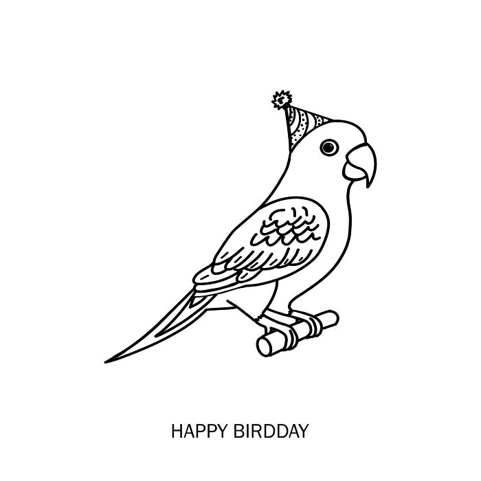 Line drawing of a parrot wearing a party hat with the wordplay phrase happy birdday in clever drawings.