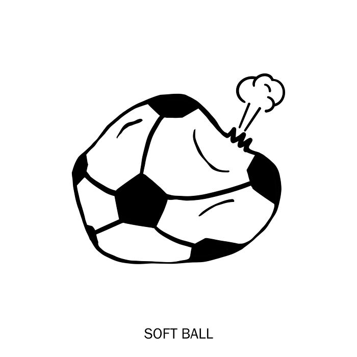 Soft ball drawing showing a deflated soccer ball with steam, a clever wordplay illustration by Nadia Tolstoy.