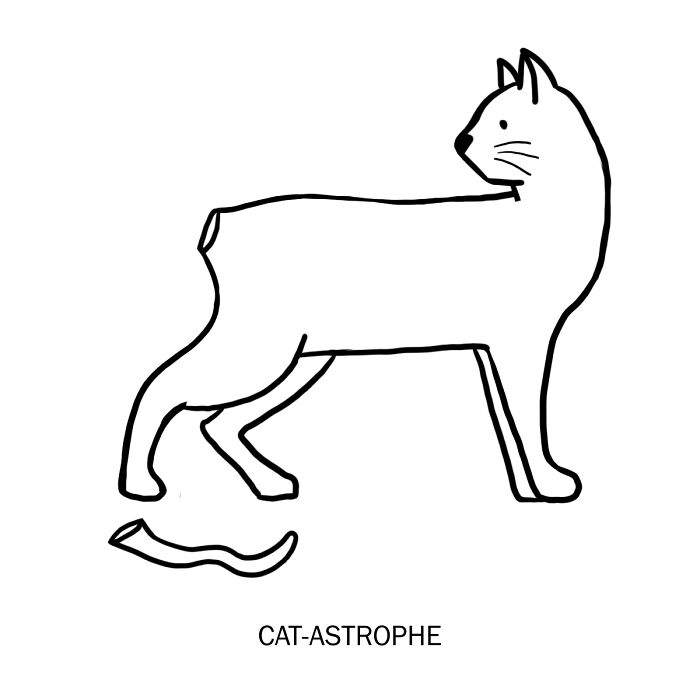 Minimalist drawing of a clever wordplay cat without its tail, illustrating a clever drawing from wordplay art.