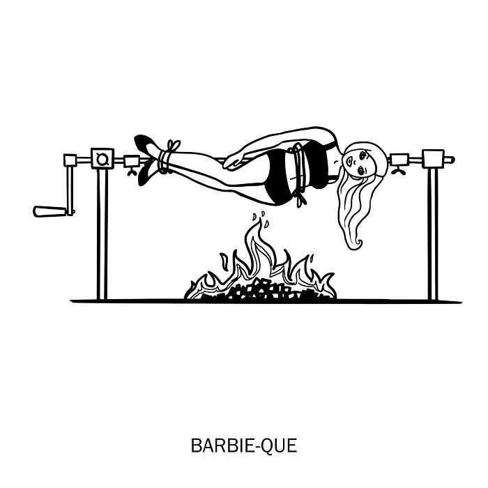 Black and white clever drawing of a Barbie doll tied and roasting on a spit over fire, illustrating wordplay concept.