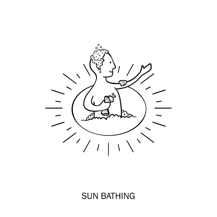 Minimalist clever drawing of a person sun bathing in bubbles, illustrating creative wordplay artwork by Nadia Tolstoy.