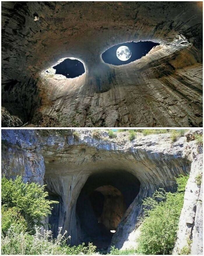 Two views of a natural cave formation resembling a face, highlighting unique archaeological world rock structures.