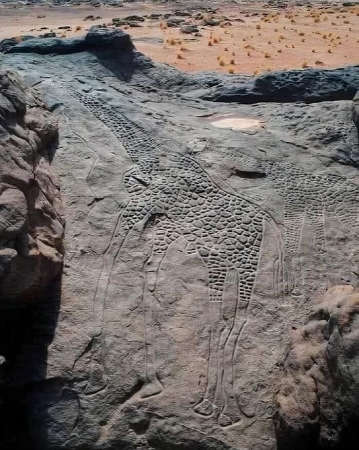 Ancient rock carving of a giraffe in a desert landscape, showcasing detailed patterns in archaeology world discovery.