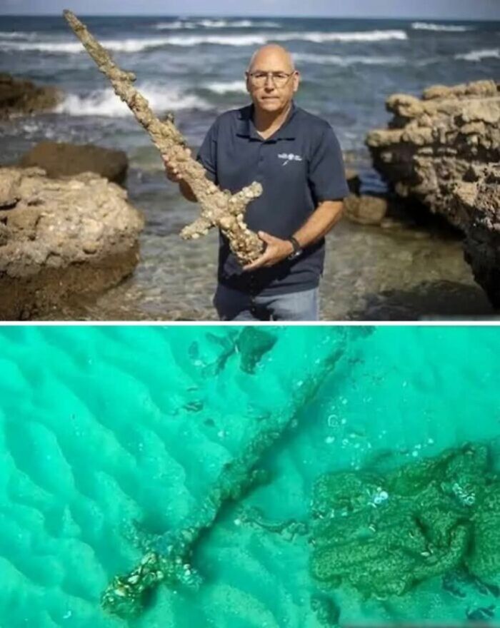 Man holding an ancient barnacle-covered sword found near rocky shore, underwater view of sword in archaeology world discovery.