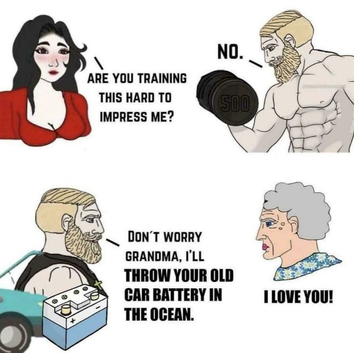 Cartoon characters in a meme explaining a joke about training, car battery, and showing love in a humorous way.