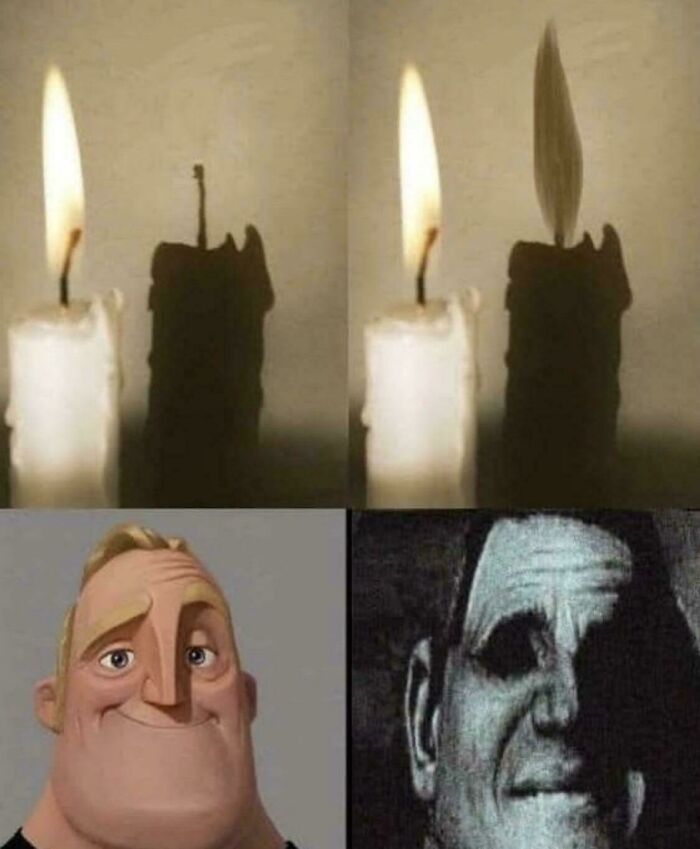 Four-panel meme showing candles casting shadows resembling a guitar and feather, with characters reacting, related to explain the joke memes.