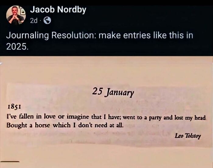 Screenshot of a funny meme about journaling resolution in 2025 with a humorous Leo Tolstoy quote, relatable meme content.