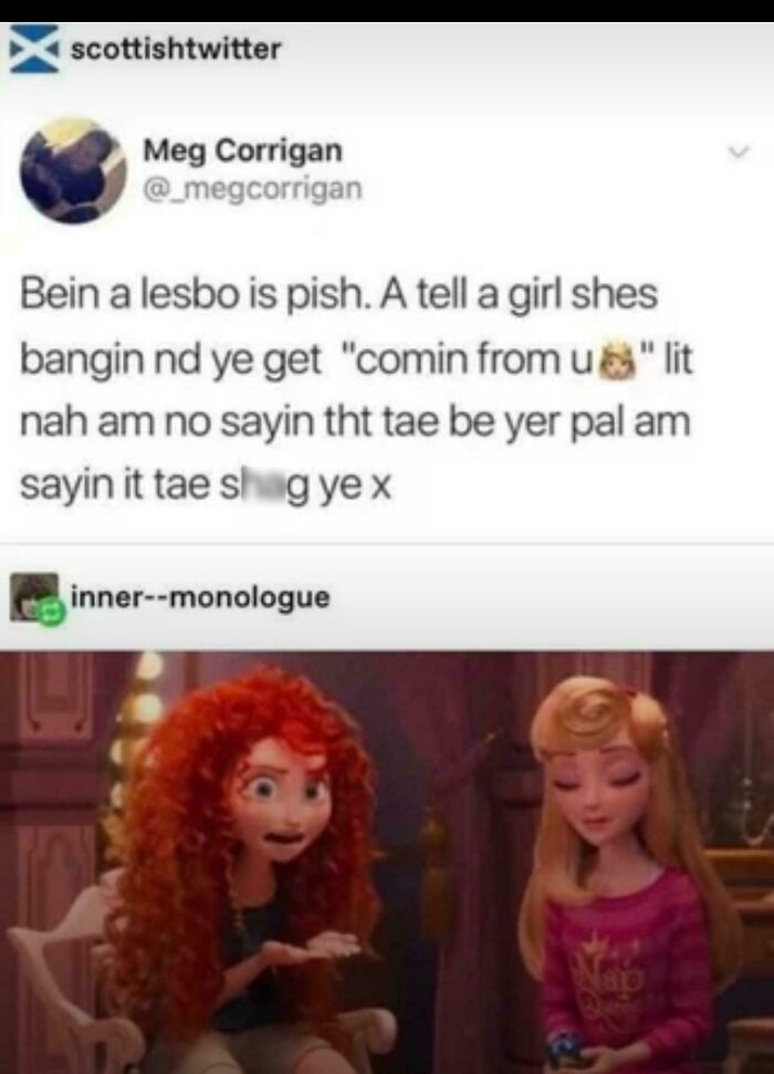 Tweet with Scottish slang humor and animation still, illustrating memes people ask to explain the joke in viral online conversations.