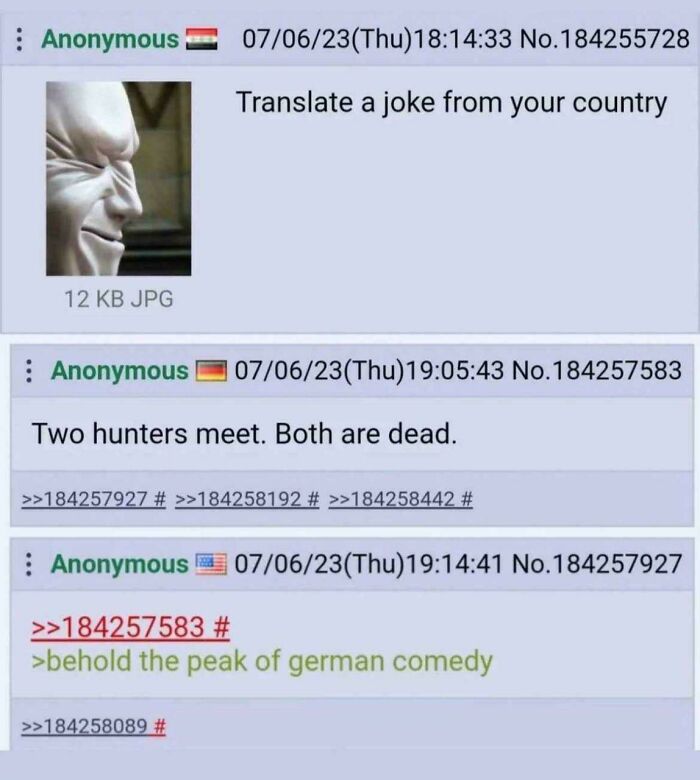 Anonymous users sharing a translated joke and asking to explain the joke with memes about misunderstood humor.