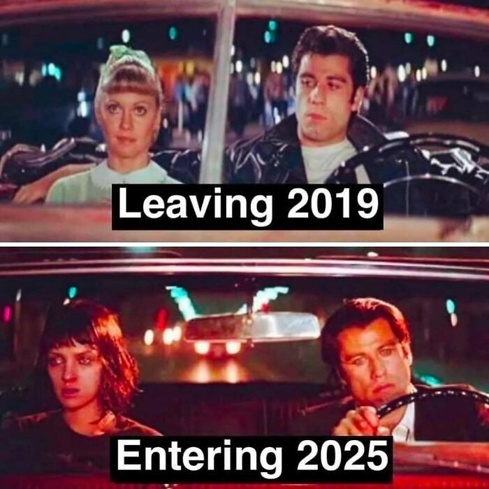 Two scenes from movies showing people driving, with captions leaving 2019 and entering 2025, funny memes about therapy costs.