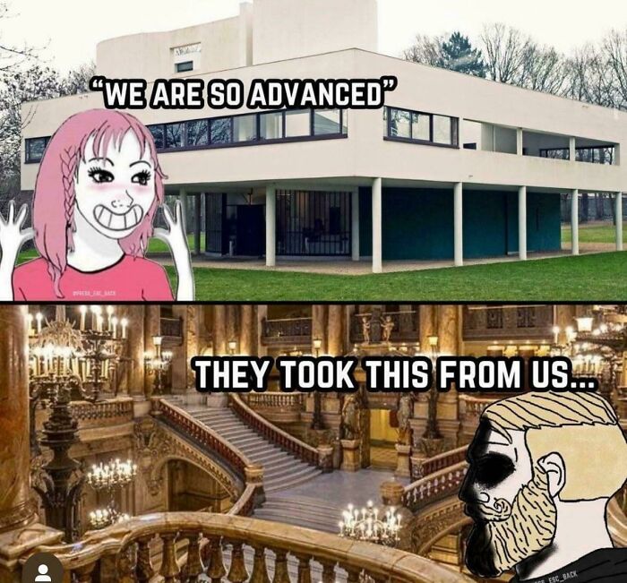 Meme comparing modern minimalist architecture with ornate classical design, illustrating need to explain the joke.