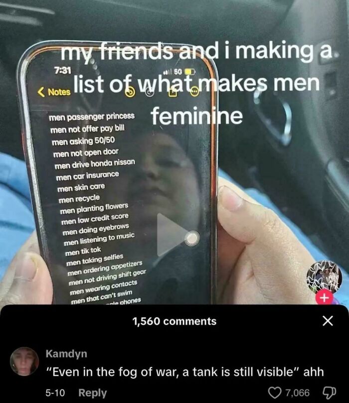 Person holding phone showing a meme list about what makes men feminine with comments asking to explain the joke.