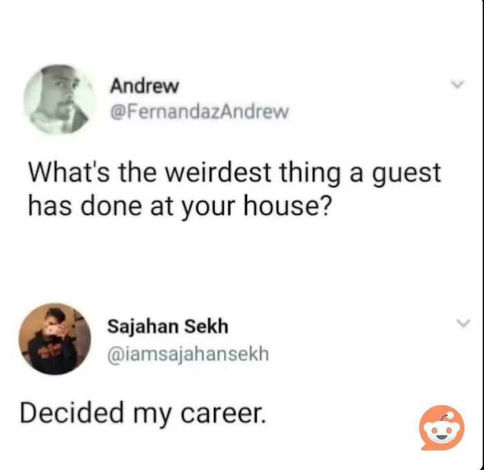 Tweet conversation about the weirdest guest behavior at home featured in explain the joke memes.