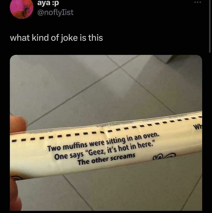 Screenshot of a social media post asking to explain the joke about two muffins sitting in an oven, meme confusion.