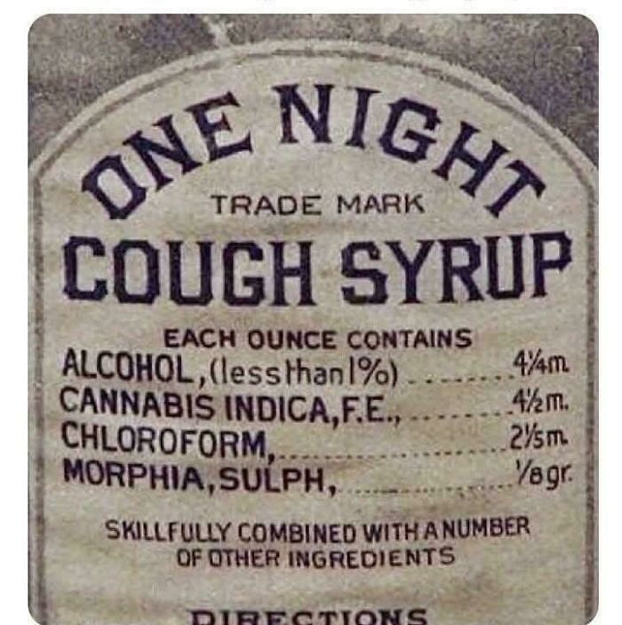 Vintage cough syrup label listing cannabis, chloroform, and morphia, a ridiculous pic from the past that would never fly today.
