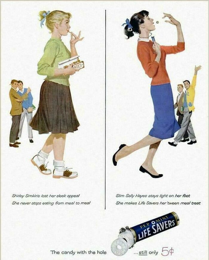 Vintage advertisement showing two girls, one eating candy and the other enjoying Life Savers, illustrating ridiculous pics from the past.