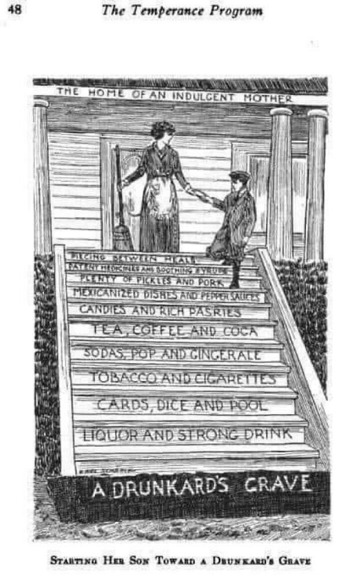 Vintage black and white temperance cartoon showing a mother and son on porch steps labeled with addictive items.
