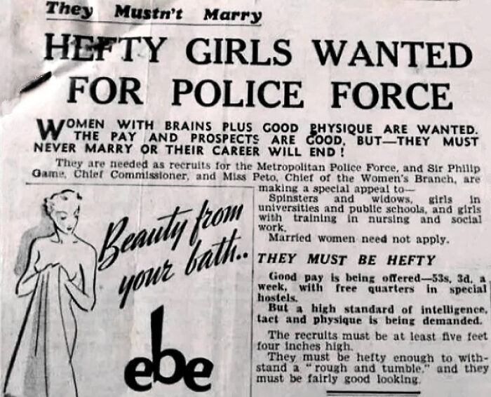 Vintage police recruitment ad seeking hefty girls, highlighting outdated gender roles in historic ridiculous pics from the past.