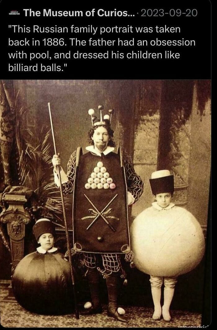 Vintage Russian family dressed as billiard balls and a pool table, showcasing ridiculous pics from the past that would never fly today.