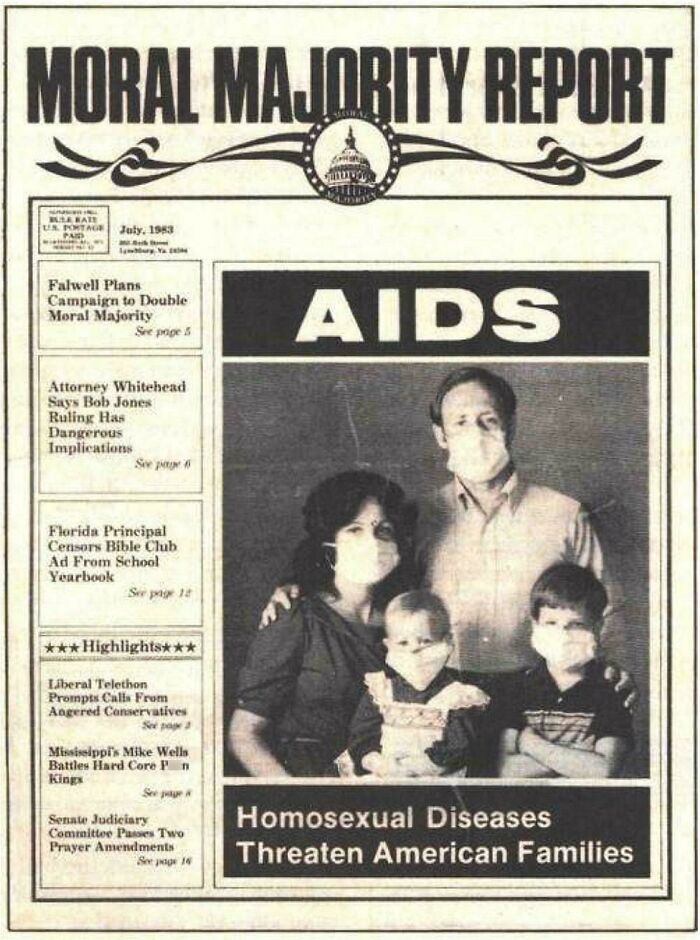 Moral Majority Report cover from 1983 with misleading AIDS headline showing masked family, reflecting ridiculous past pics.