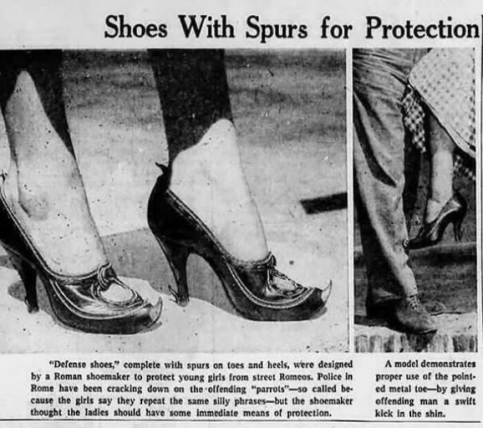 Shoes with spurs for protection, designed to defend women by delivering swift kicks, a ridiculous vintage fashion concept.