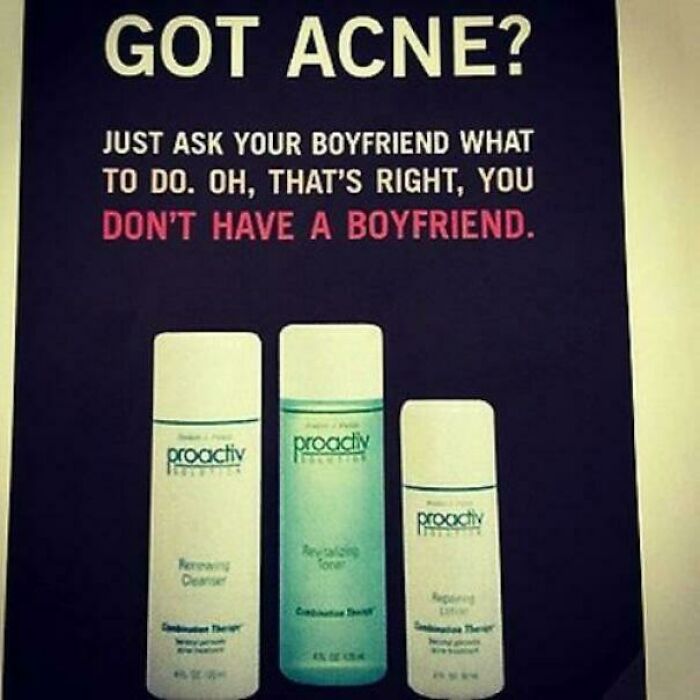 Vintage skincare ad with Proactiv acne treatment products and controversial text about boyfriends and acne.