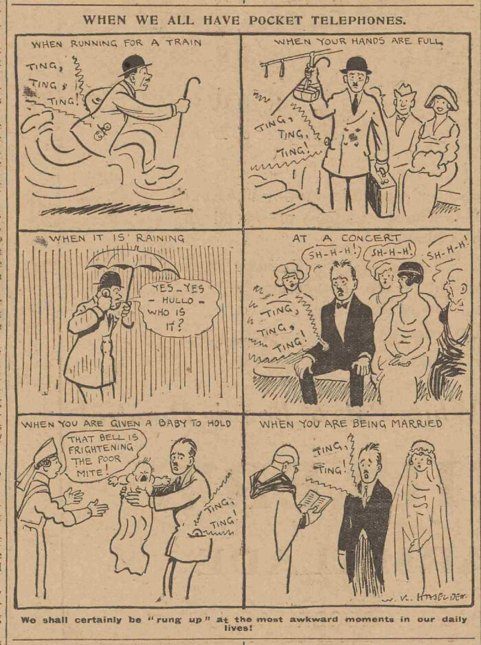 Vintage comic illustrating awkward moments caused by imagined pocket telephones ringing in various situations.
