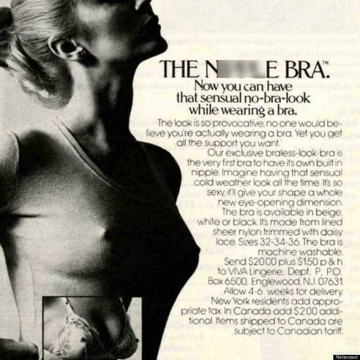Vintage ad showing a woman wearing a provocative no-bra-look bra from a collection of ridiculous pics from the past.