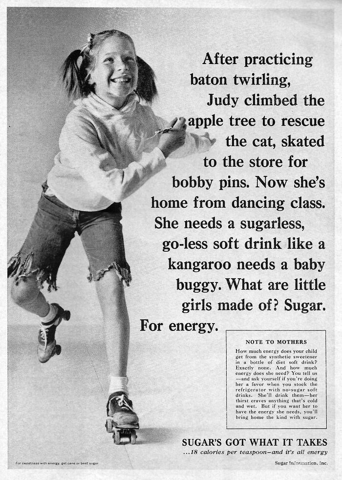 Vintage roller-skating girl in torn shorts with retro sugar ad, example of ridiculous pics from the past that would never fly today.