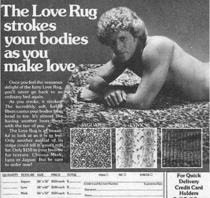 Vintage advertisement showcasing the Love Rug with fur-like textures and patterns from jaguar, lynx, and mink options.