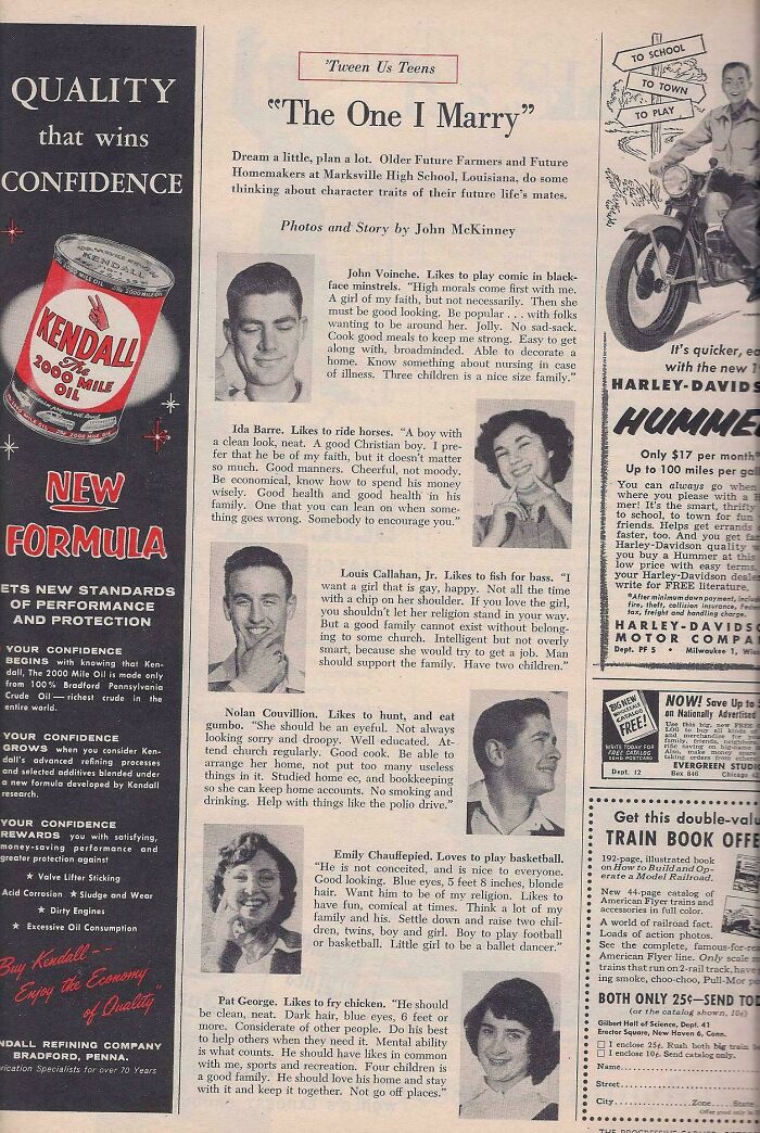 Vintage magazine page featuring quirky portraits and descriptions of teens, highlighting ridiculous pics from the past that wouldn’t fly today.