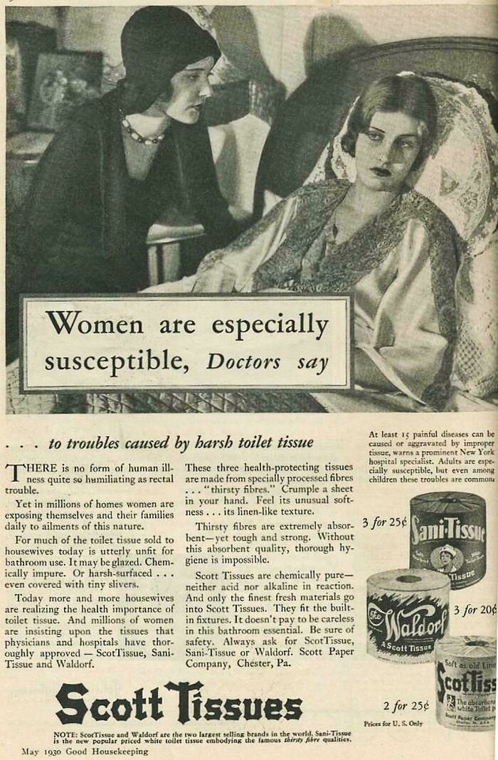 Vintage ad warning about harsh toilet tissue causing health issues for women, illustrating ridiculous pics from the past.