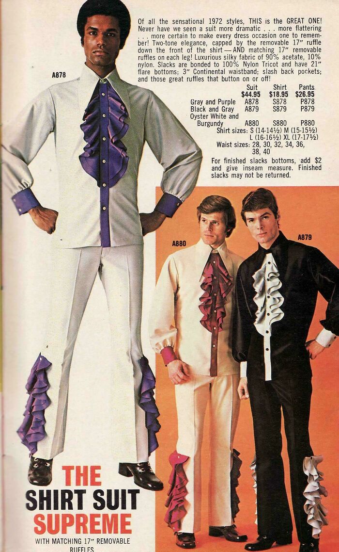 Three men modeling ridiculous vintage shirt suits with removable ruffles, a ridiculous pic from the past that would never fly today.
