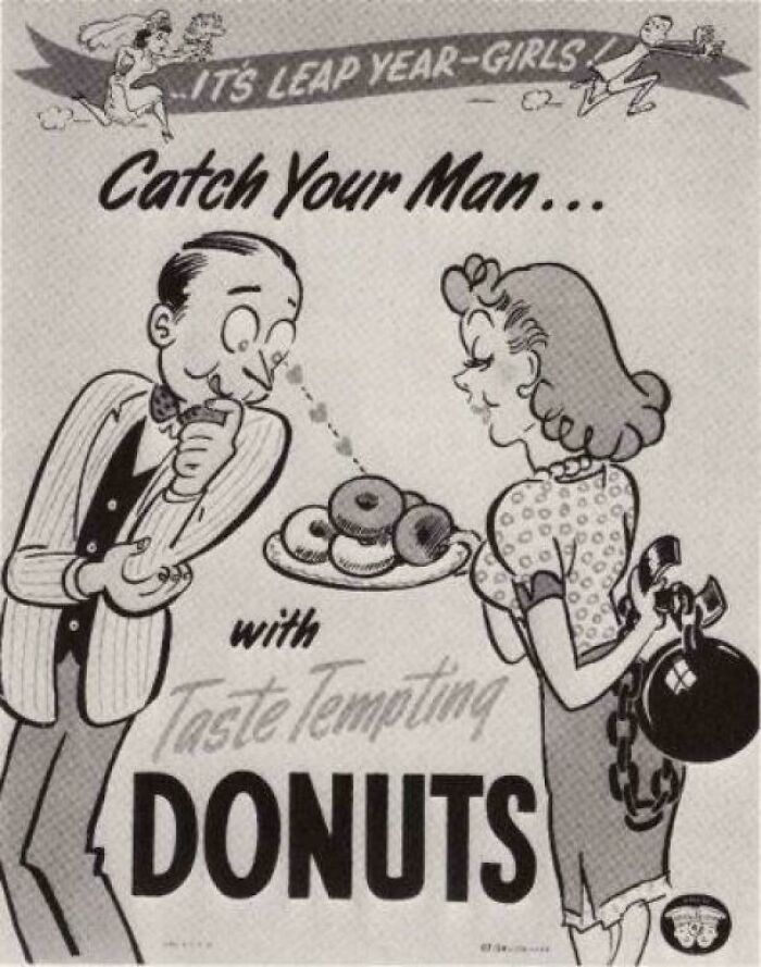 Vintage cartoon showing a woman holding a ball and chain offering donuts to a man with the main SEO keyword ridiculous pics from the past.